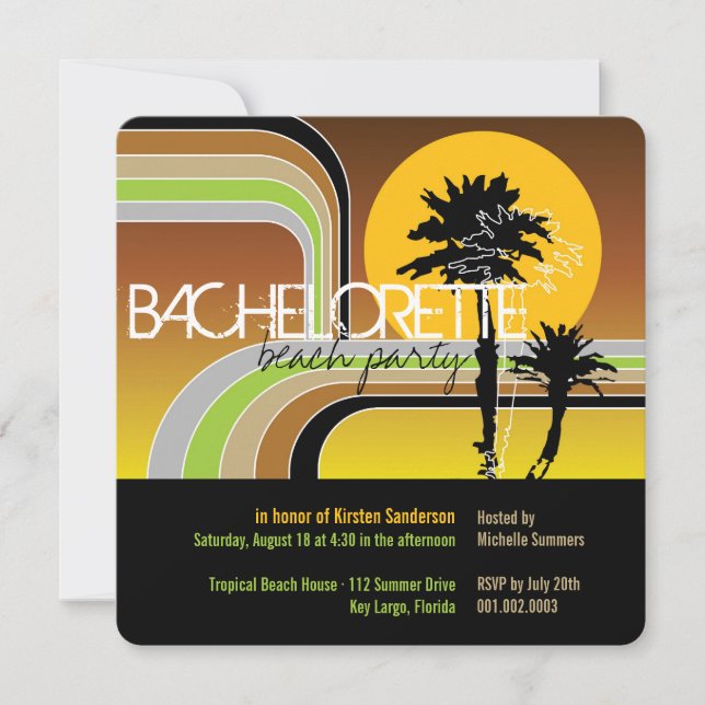 Retro Sunset Tropical Palm Tree Bachelorette Party Invitation (Front)