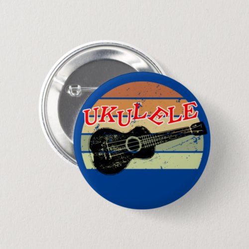 Retro Sunset Ukulele Distressed Drawing Blue Button