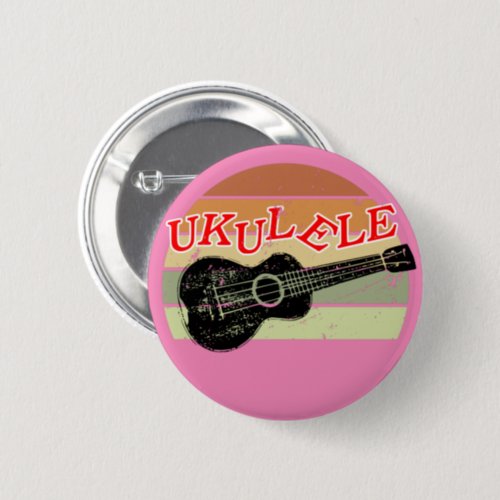 Retro Sunset Ukulele Distressed Drawing Pink Button