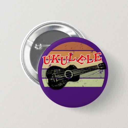 Retro Sunset Ukulele Distressed Drawing Purple Button