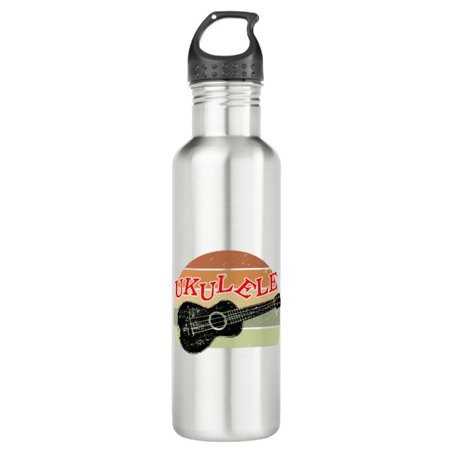 Retro Sunset Ukulele Distressed Drawing Stainless Steel Water Bottle (Front)