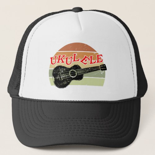 Retro Sunset Ukulele Distressed Drawing Trucker Hat