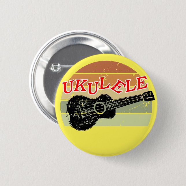 Retro Sunset Ukulele Distressed Drawing Yellow Button (Front & Back)