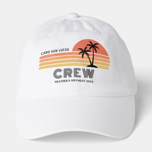 Retro Sunset Vacation Birthday Trip 90's Bday Crew Hat (Front)