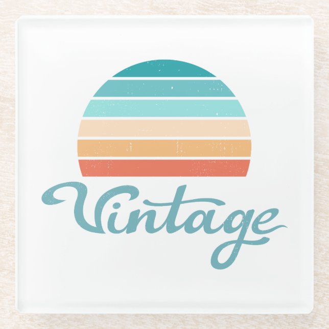 Retro Sunset+Vintage Script Distressed Glass Coaster (Front)