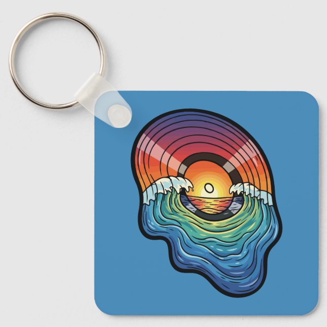 Retro Sunset Wave Vinyl Aesthetic Keychain (Front)