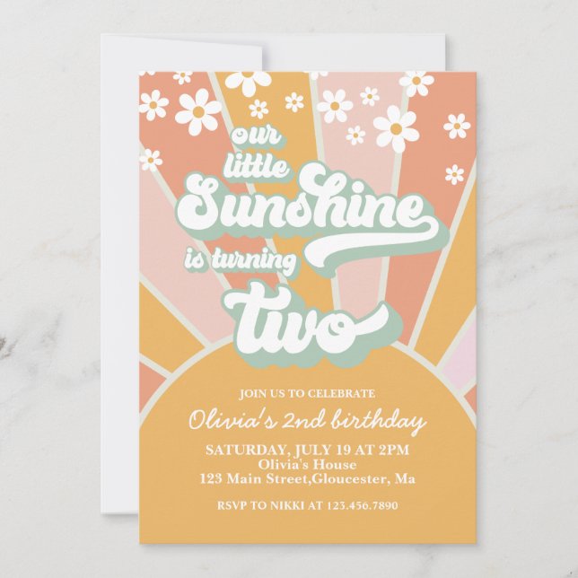 Retro Sunshine daisy boho floral 2nd birthday Invitation (Front)