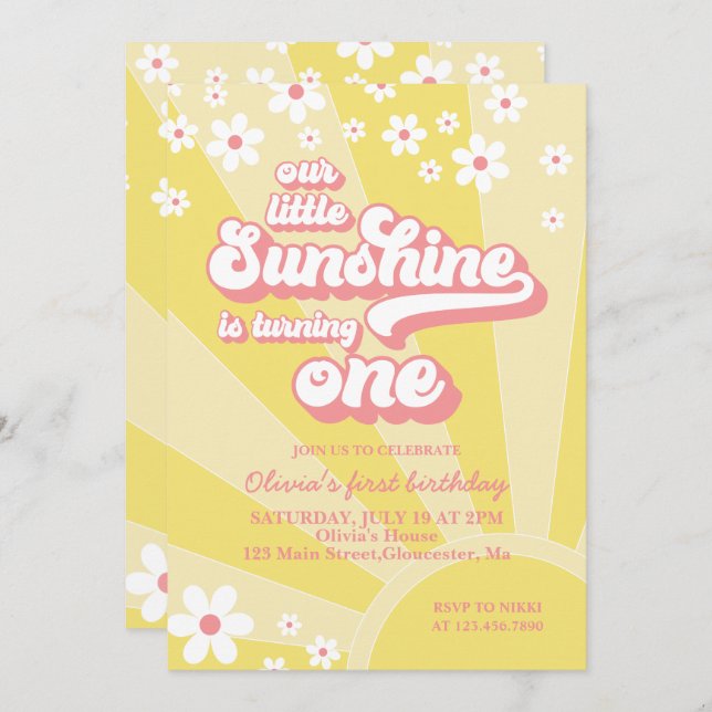 Retro Sunshine daisy boho floral first birthday Invitation (Front/Back)