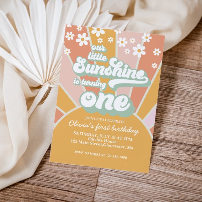 Retro Sunshine daisy boho floral first birthday Invitation (Creator Uploaded)