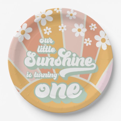 Retro Sunshine daisy boho floral first birthday Paper Plates