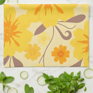 Retro Sunshine Floral Pattern-Yellow Flowers Kitchen Towel