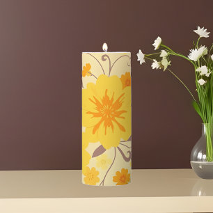 Retro Sunshine Floral-Yellow Flowers Pillar Candle