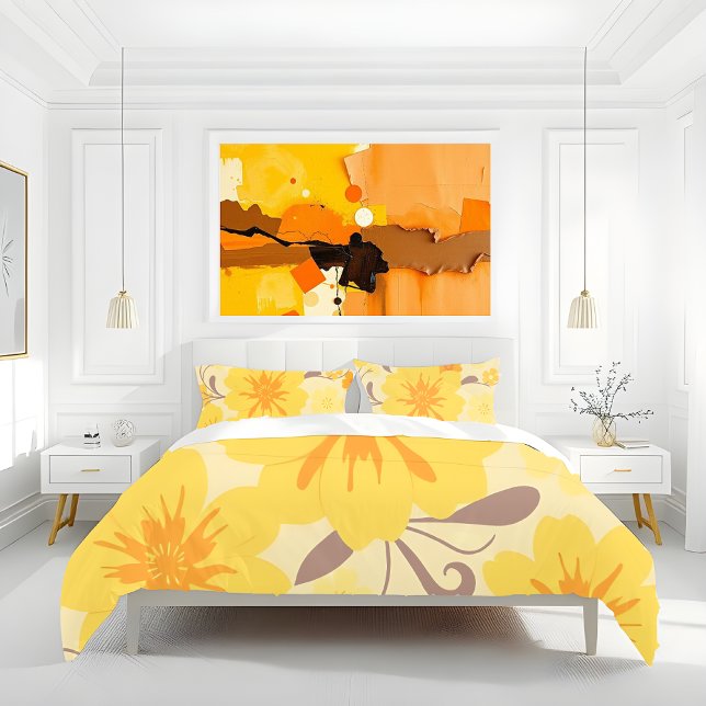 Retro Sunshine Florals-Yellow Flowers Pillow Case (Retro Sunshine Flowers-Butter yellow, tangerine orange and mocha mousse- Duvet cover and Pillow case)