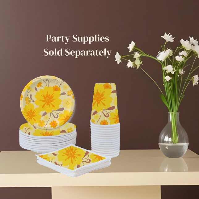 Retro Sunshine Flowers-Party Supplies- Paper Plates (Party Supplies Yellow with orange and mocha mousse plates cups and napkins with background)