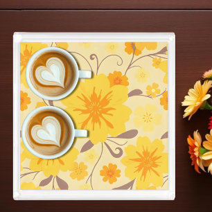 Retro Sunshine Flowers-Yellow Floral Pattern Acrylic Tray