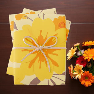 Retro Sunshine Flowers-Yellow Floral Pattern Wrapping Paper Sheets