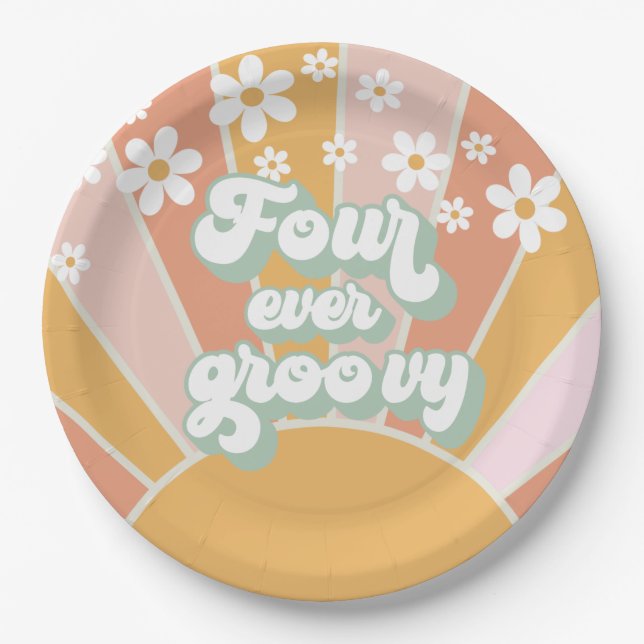 Retro Sunshine Four Ever Groovy Daisy Paper Plates (Front)