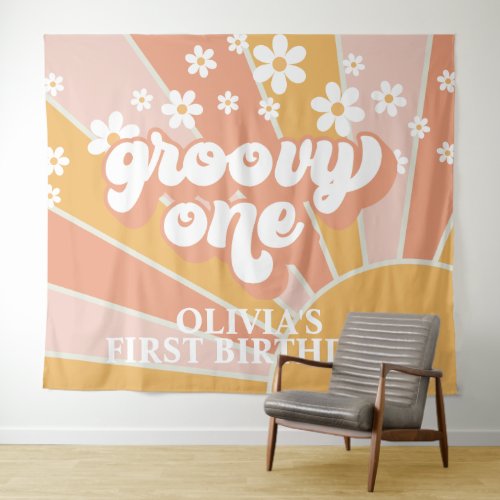 Retro Sunshine Groovy One Daisy Birthday Banner Ta Tapestry