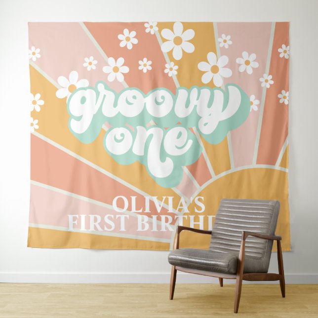 Retro Sunshine Groovy One Daisy Birthday Banner Tapestry (In Situ (Horizontal))