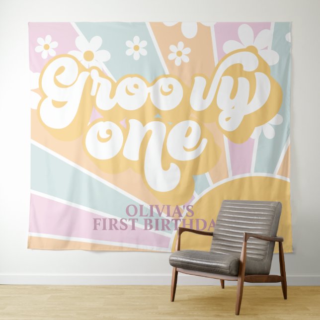 Retro Sunshine Groovy One Pastel Daisy Birthday Ba Tapestry (In Situ (Horizontal))