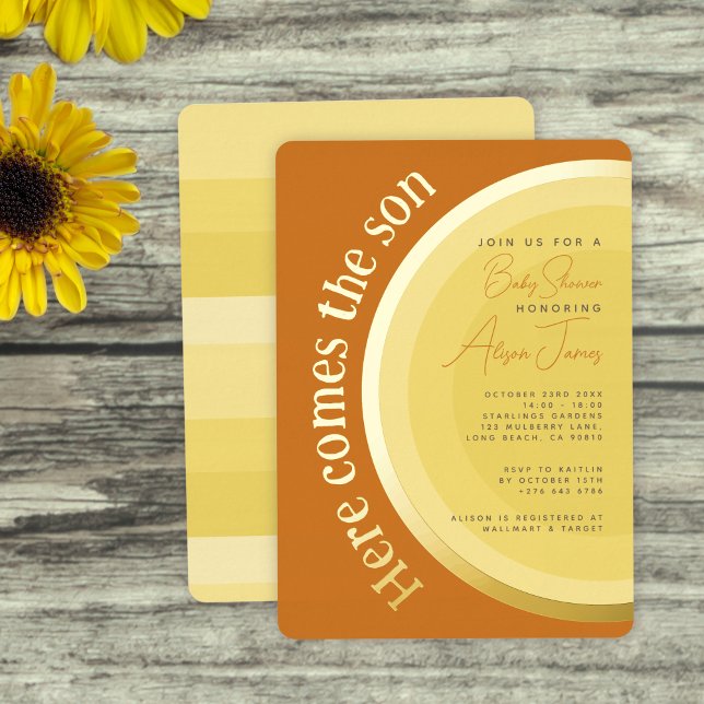 Retro Sunshine Here Comes the Son Baby Shower Foil Invitation (Creator Uploaded)