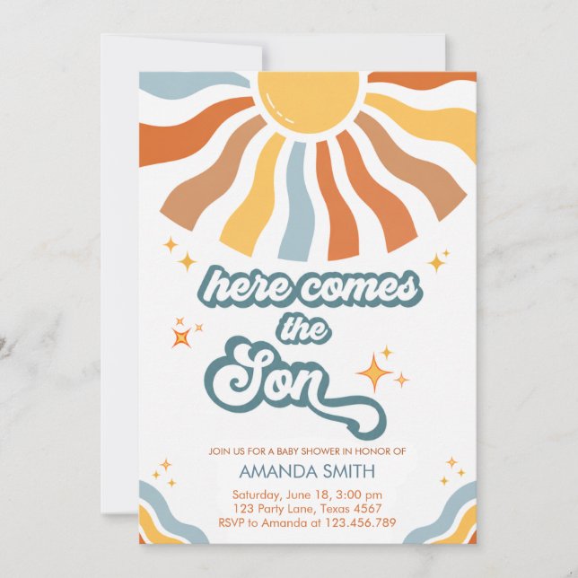 Retro Sunshine Here Comes the Son Baby Shower Invitation (Front)