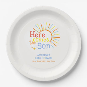 Retro Sunshine Here Comes The Son Baby Shower Paper Plates
