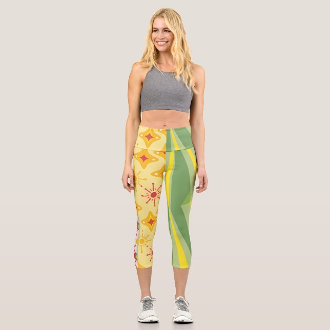 Retro Sunshine Patterns – Bold Colorful  Capri Leggings (Front)