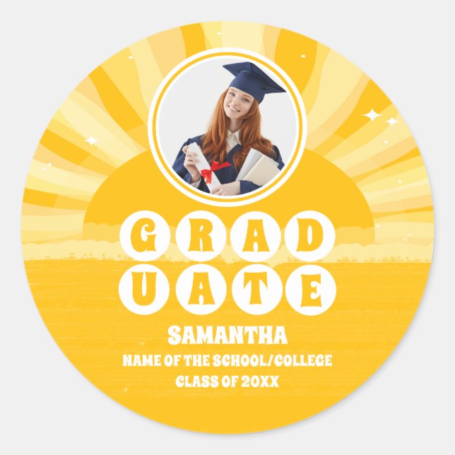 Retro Sunshine Photo Graduation Classic Round Sticker (Front)