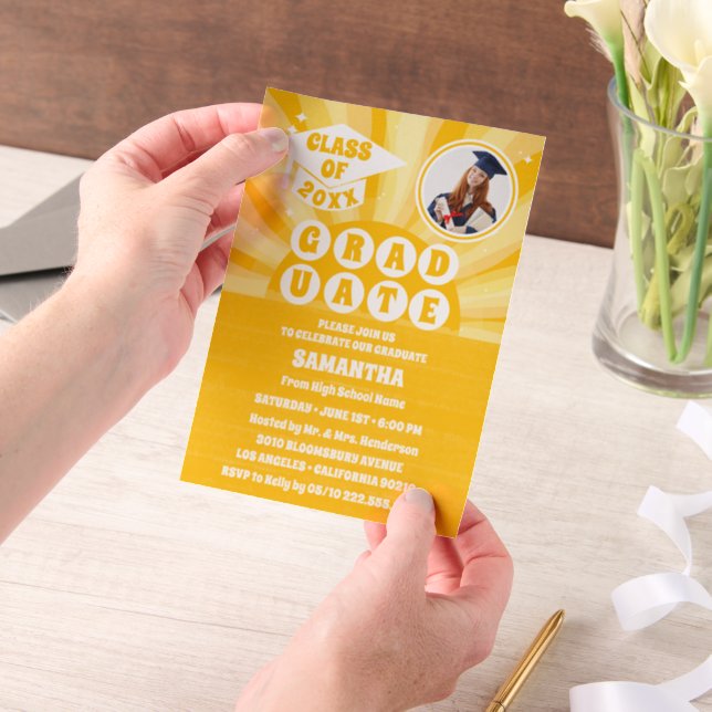 Retro Sunshine Photo Graduation Party Vellum Invitations (Handheld)