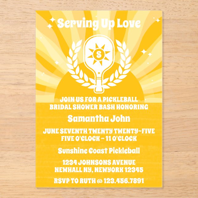 Retro Sunshine Pickleball Bridal Shower Acrylic Invitations (Front)