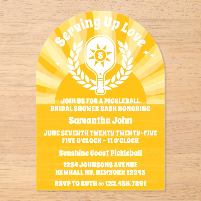 Retro Sunshine Pickleball Bridal Shower Acrylic Invitations (Front)