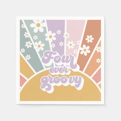 Retro Sunshine Rainbow Daisy 4th Birthday Napkins