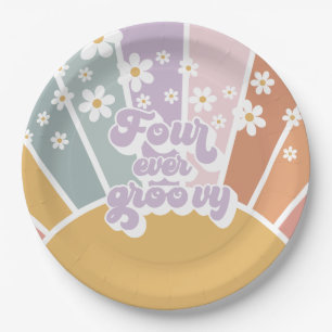Retro Sunshine Rainbow Daisy 4th Birthday Paper Plates