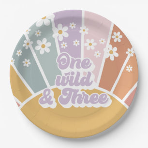 Retro Sunshine Rainbow Daisy One Wild Three Paper Plates