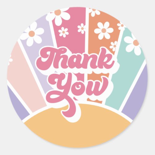 Retro Sunshine Rainbow Daisy Thank You Classic Round Sticker