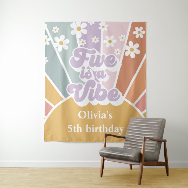 Retro Sunshine Rainbow Five is a Vibe Tapestry (In Situ)