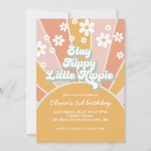 Retro Sunshine Stay Trippy Little Hippie floral Invitation