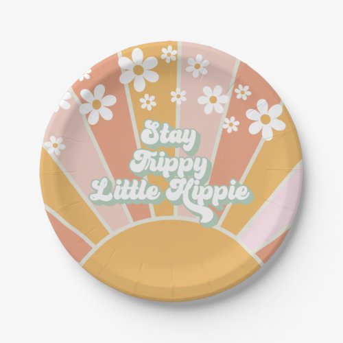 Retro Sunshine Stay Trippy Little Hippie floral Paper Plates