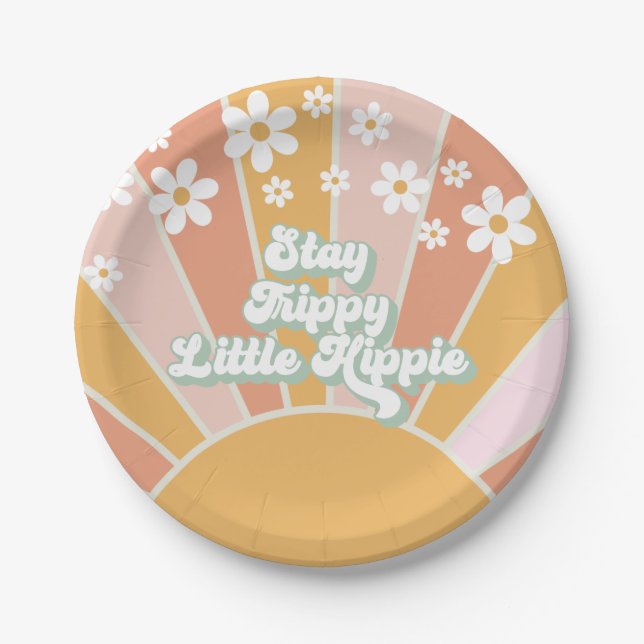 Retro Sunshine Stay Trippy Little Hippie floral Paper Plates (Front)