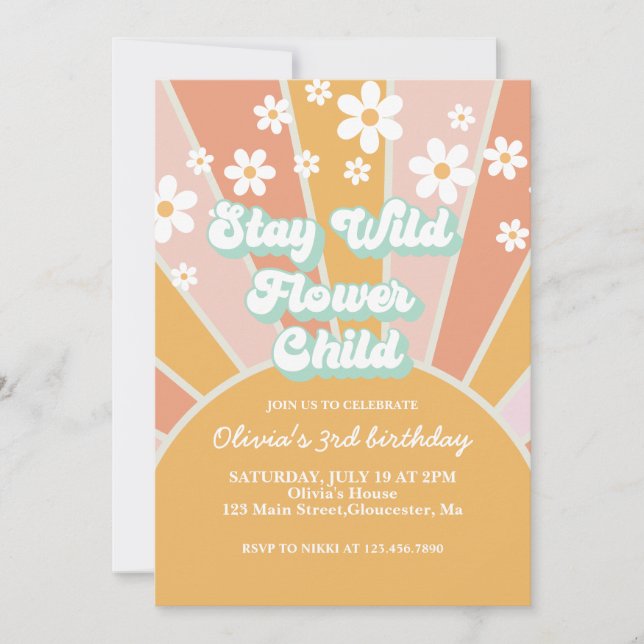 Retro Sunshine Stay Wild Flower Child boho floral Invitation (Front)