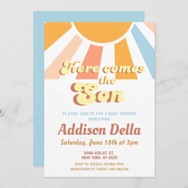Retro Sunshine Sun Themed Boy Baby Shower Invitation (Front/Back)