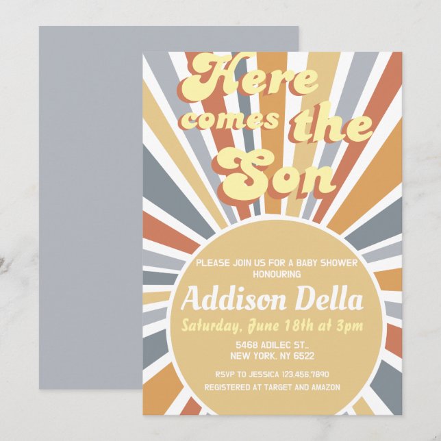 Retro Sunshine Sun Themed Boy Baby Shower Invitation (Front/Back)
