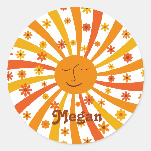 Retro Sunshine Sunburst with Flowers custom name   Classic Round Sticker (Front)