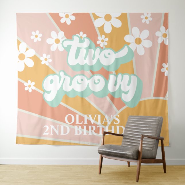 Retro Sunshine Two Groovy Daisy Birthday Banner Tapestry (In Situ (Horizontal))