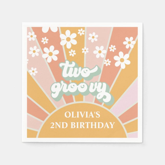 Retro Sunshine Two Groovy Daisy Birthday Napkins (Front)