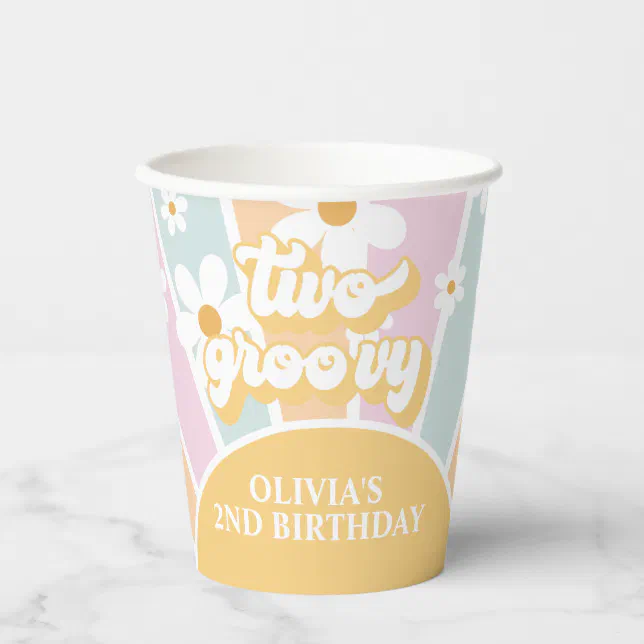 Retro Sunshine Two Groovy pastel Daisy Birthday Paper Cups | Zazzle