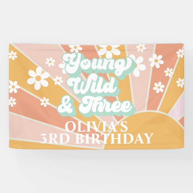 Retro Sunshine Young Wild Three Daisy Birthday Banner (Horizontal)