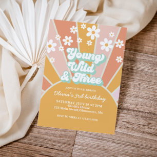 Retro Sunshine Young Wild Three daisy boho floral  Invitation