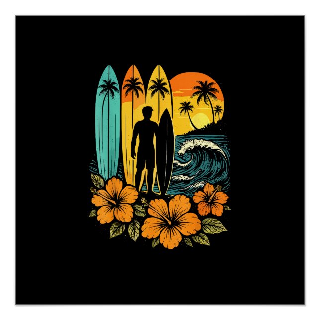 Retro Surf Beach Sunset Tropical Poster (Front)